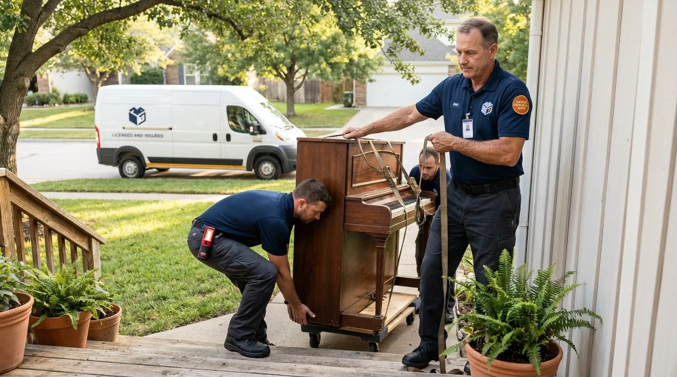 Licensed piano movers securing grand piano in Langdon, ND