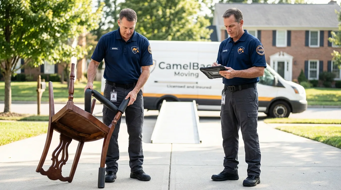 Movers inspecting furniture for damage prevention before loading in Langdon, ND