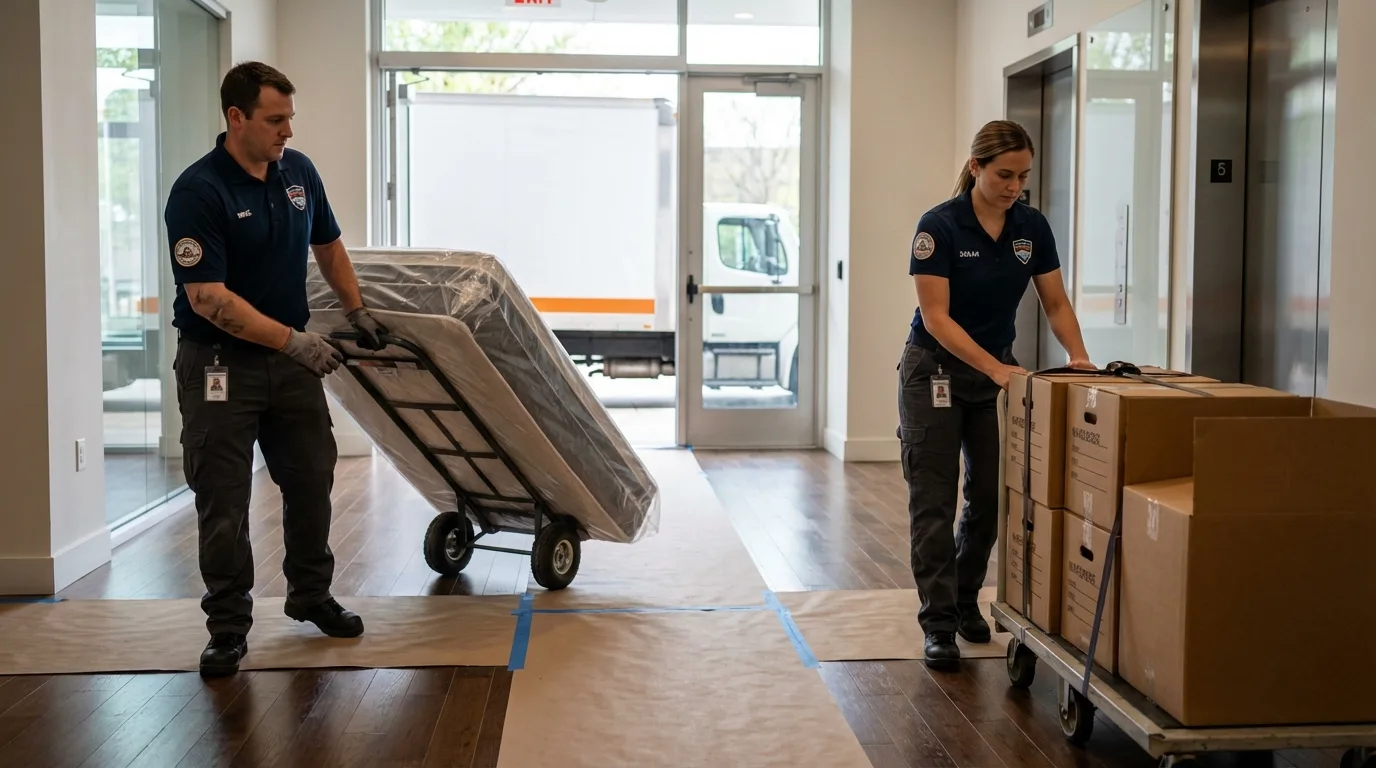 Professional apartment movers loading elevator in Langdon, ND