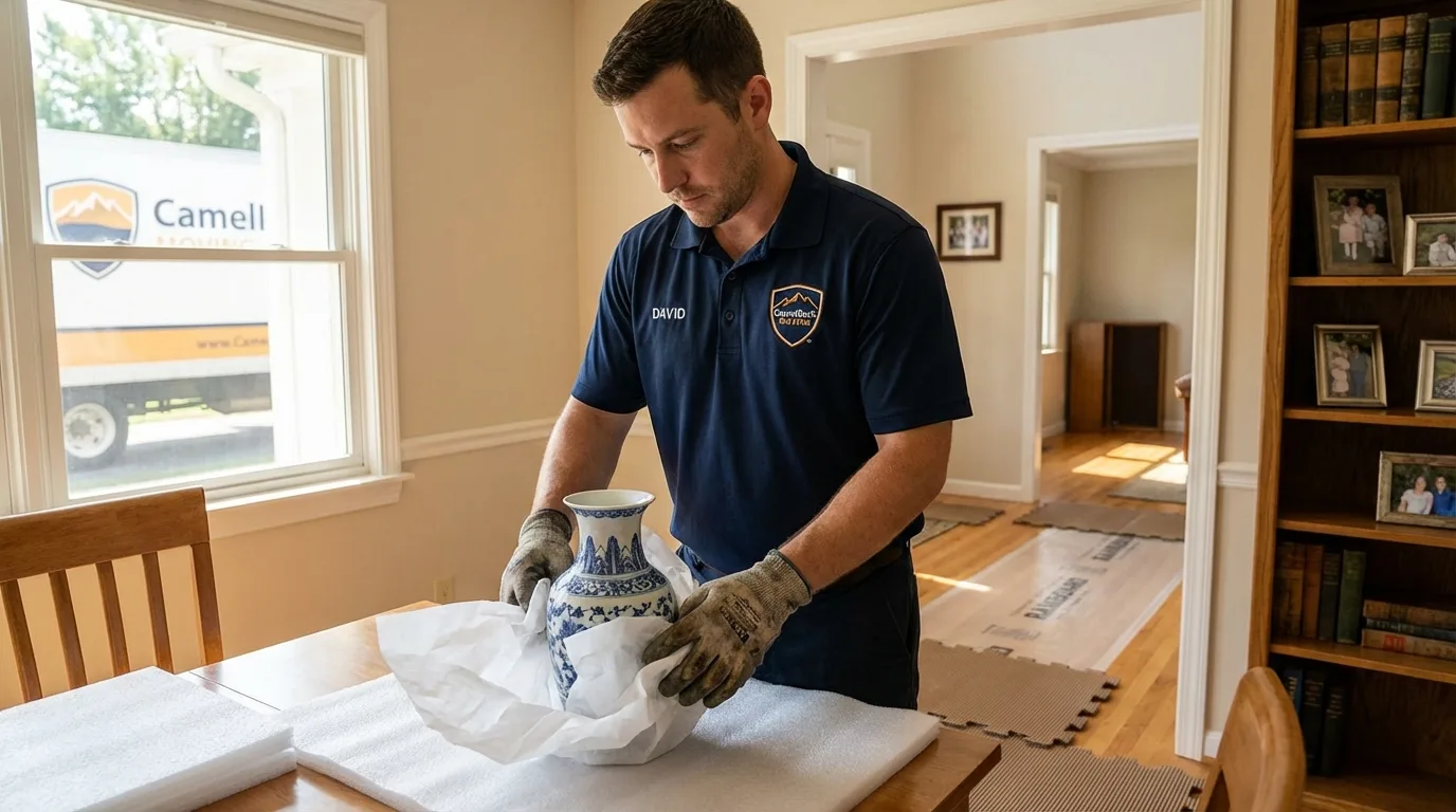 Professional crew carefully wrapping antique vase for senior downsizing move in Langdon, ND